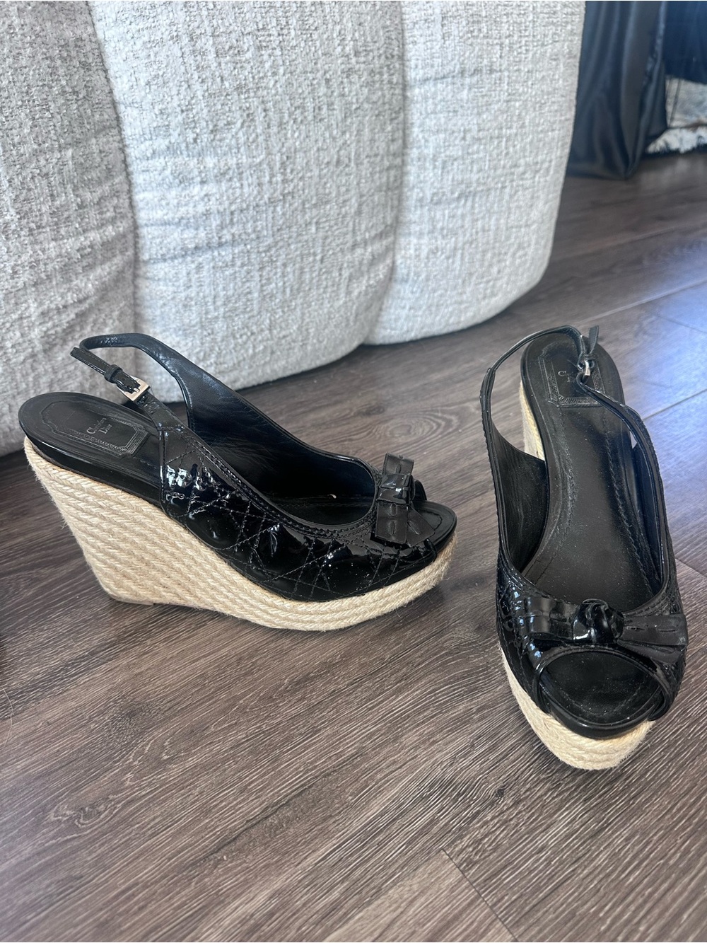 Black Patent Leather Espadrille Wedge Slingbacks